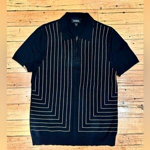 Express Men's Knit Quarter Zip Polo Shirt with Black and Gold Design Size M